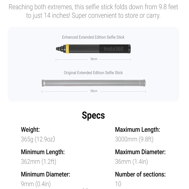 X5 Insta360 3 m 9,8 piedi Selfie Stick in edizione estesa per X4, X3, ONE RS, ONE X2, ONE R, ONE X, ONE Action Camera
