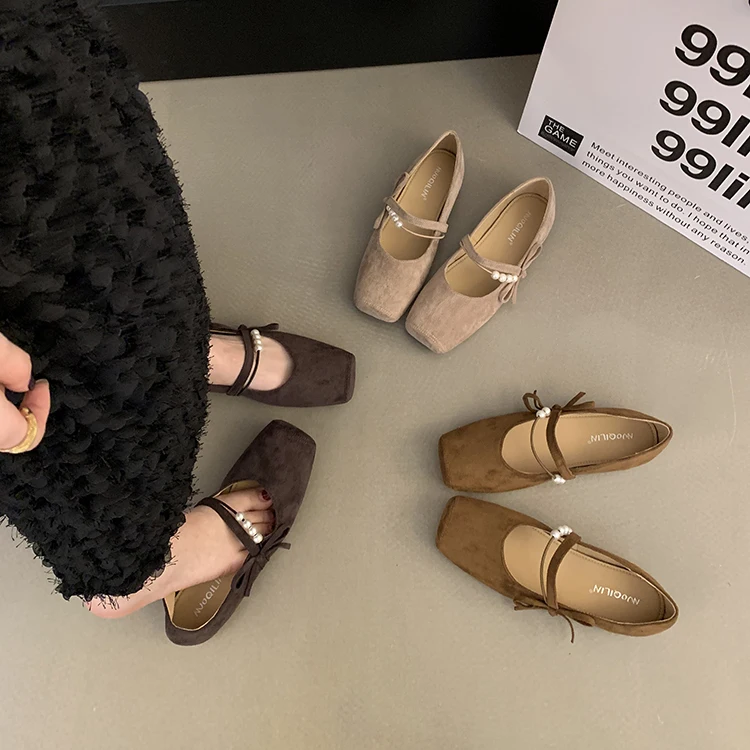 スクエアトゥシューズ女性-2026-女性の靴バレエフラット秋パール装飾新しいドレスレトロ冬バレリーナ秋