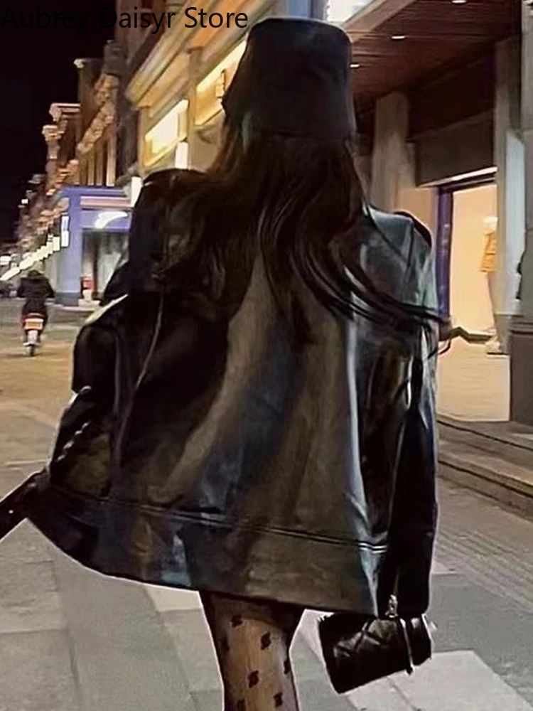 Chaqueta de cuero marrón con cremallera para mujer, abrigo de cuero con diseño Irregular Punk, ropa de calle de invierno, nuevo