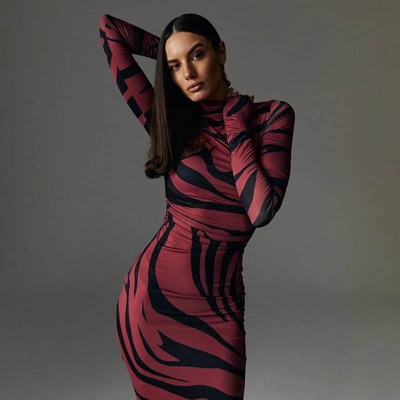 Fashion Maxi Dress For Women Autumn Elegant Party Sexy Bodycon Dress Long Sleeves Casual Streetwear Knitted Print Dresses Female