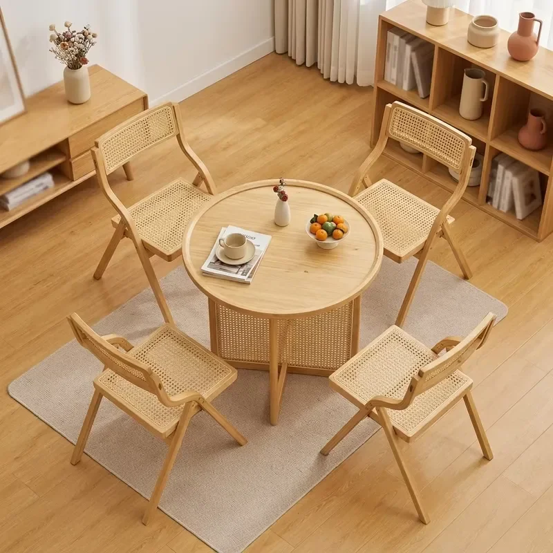 Modern Small Nordic European Outdoor Restaurant Home Round Wood Bamboo&wicker Dining Room Table with 4 Rattan Folding Chairs