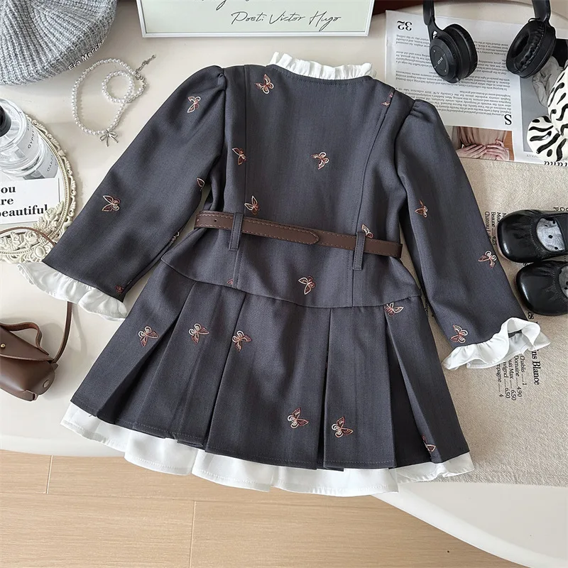 Spring And Autumn Girls Princess Dress Jacket+Skirt Two Pieces Sets For Children Clothing Lace Long Sleeve Uniform Formal Suits