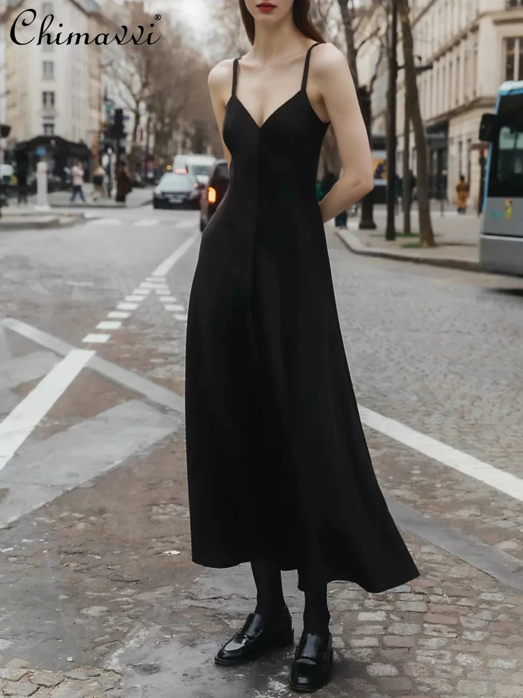 

French Elegant Hepburn Style Sexy Sleeveless Off-Shoulder V-Neck High Waist A-line Temperament Black Sling Dress Women Summer