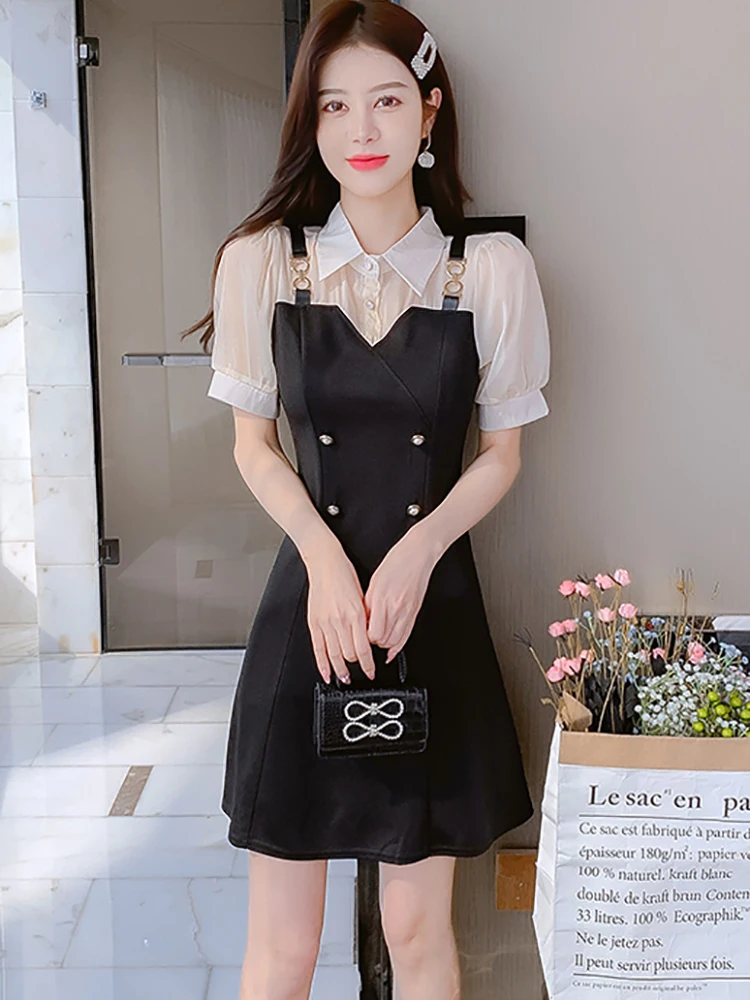

Women Korean Vintage Hepburn Party Dress Summer Black Patchwork White Polo Collar Dress 2025 Elegant Bodycon Office Lady Dresses