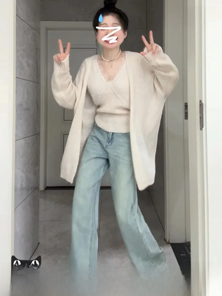 

Korean Sle Lazy Soft Cozy Knitted Open Cardigan Women's Autumn Winter New Hot S High End Outerwear Top GATTIBOR V-Ne L...