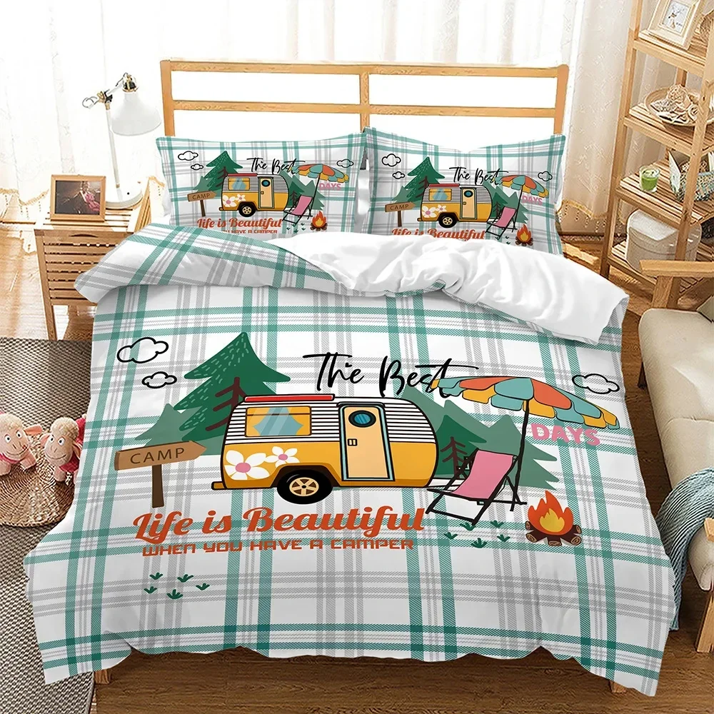 Camper Time Print Bedding Set 3D Camping Car copripiumino tema di viaggio Cartoon Camping Comforter Cover Full King per adolescenti adulti