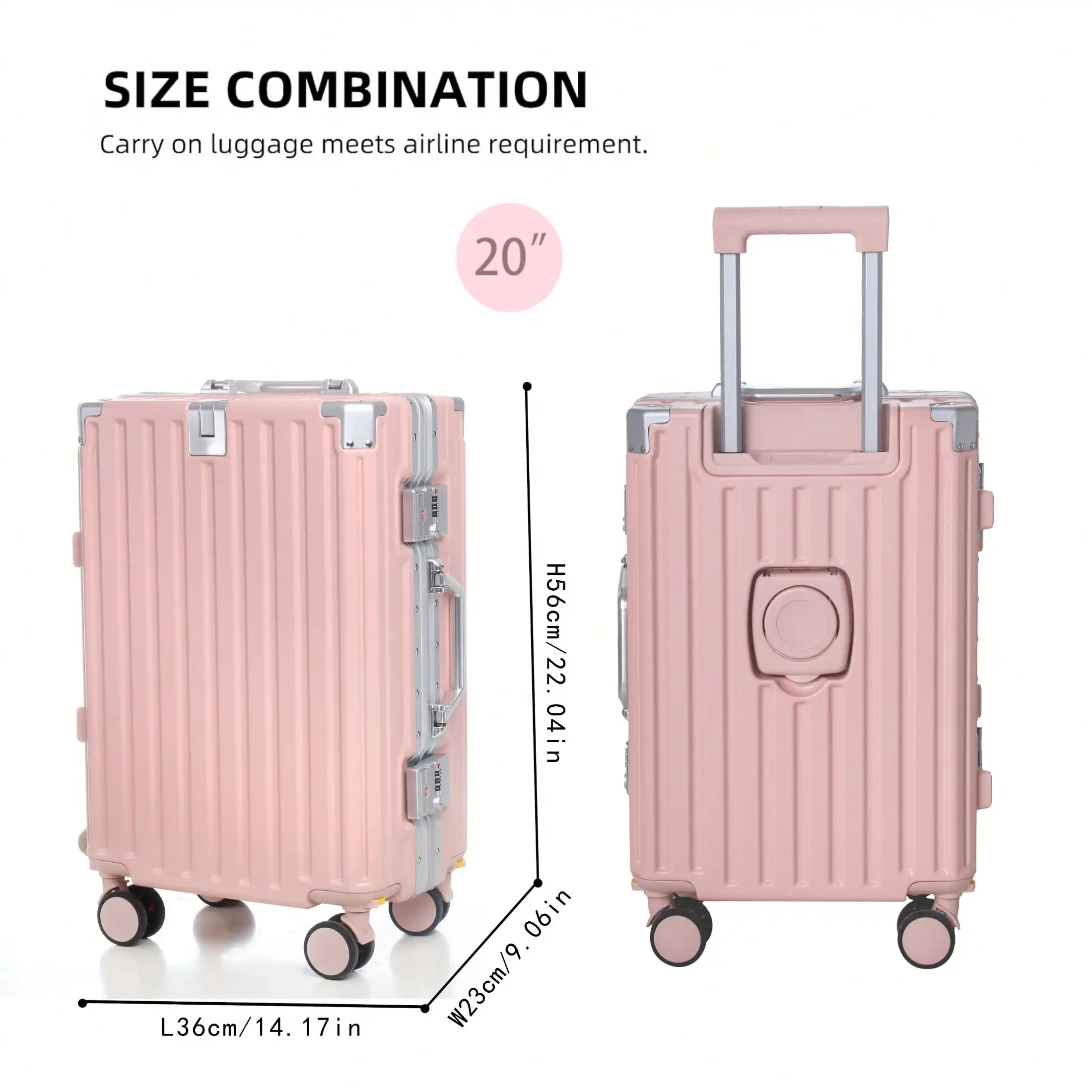 20" Carry On Suitcase Airline Approved, PC Hard Shell Luggage With Aluminum Frame, Spinner Wheels, Built-In Cup Holder, Travel Travel Suitcase