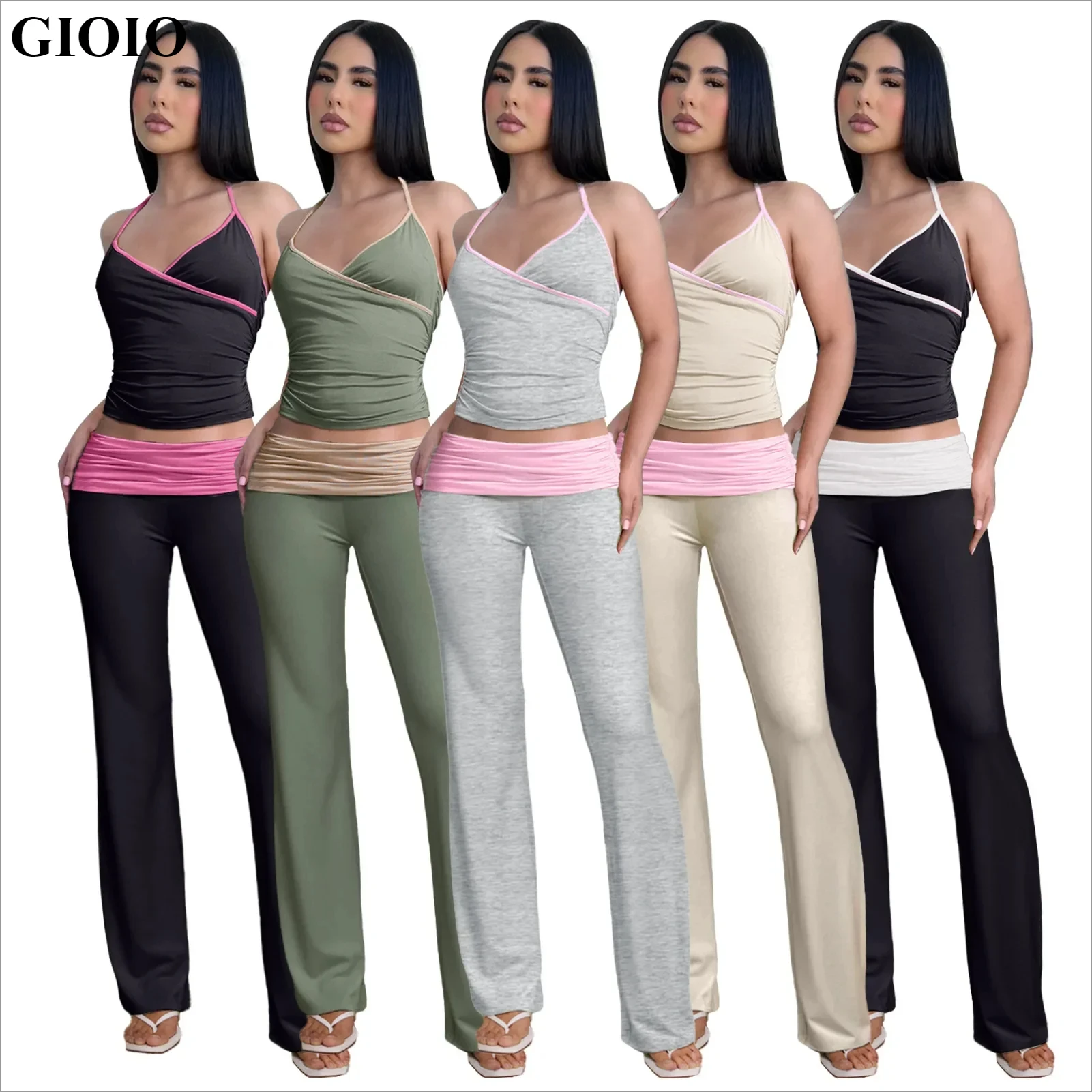 GIOIO Women Halter Top And Slim Fit Low Rise Micro Cropped Pants Suit Summer Ladies 2-Piece Set