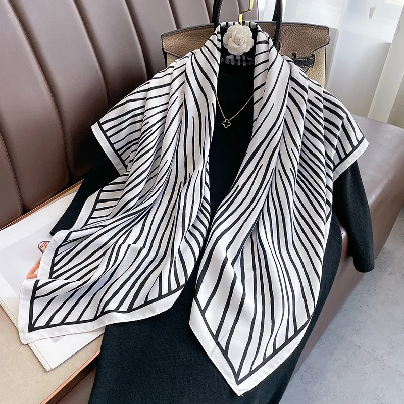 Fashion Luxury 90*90cm Square Women Silk Scarf Stripe Print Design Hijabs Female Neckerchief Scarves Wrap Headband Bandana