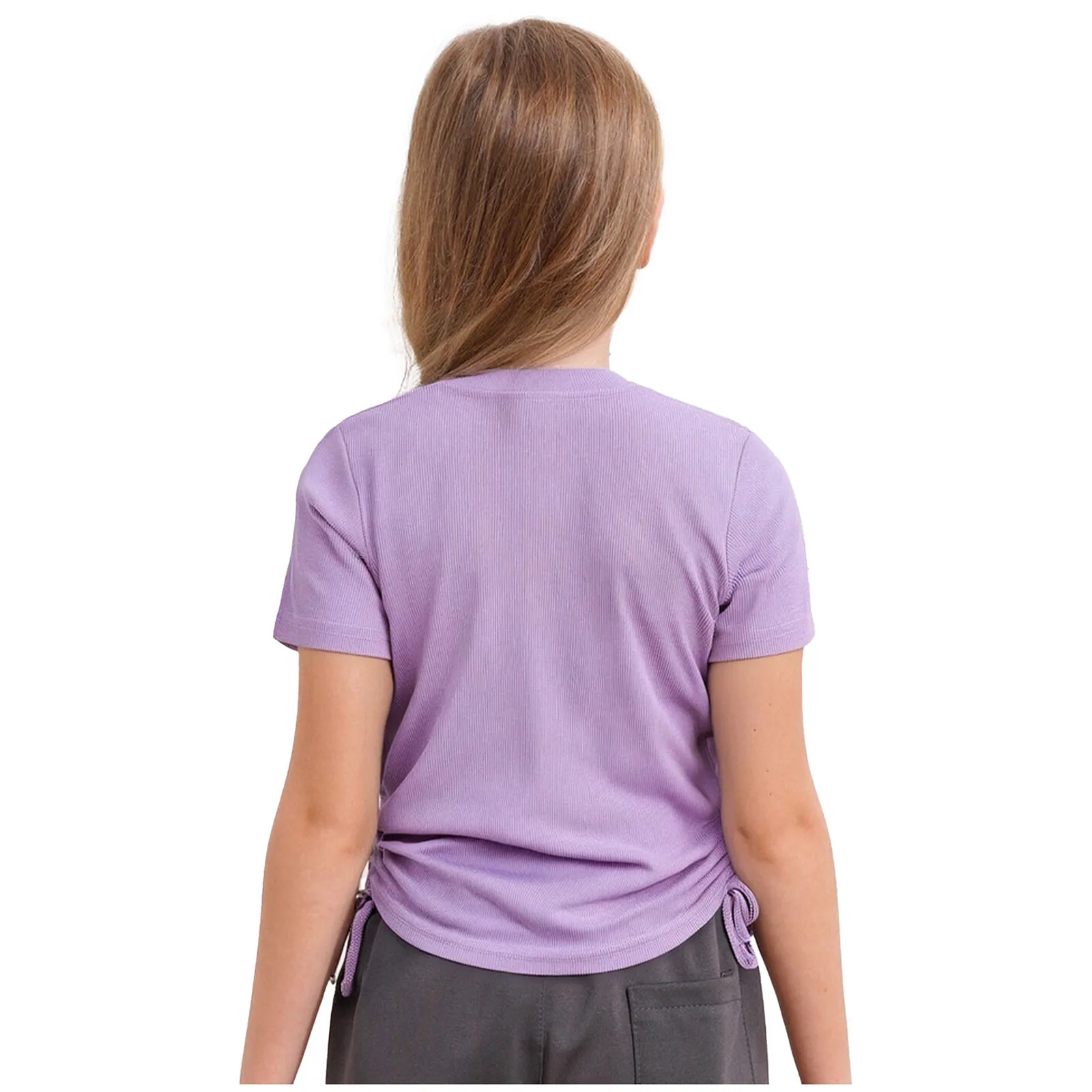 Kinderen Meisjes T-shirt Zomer Mode Effen Kleur Trekkoord Uitsparing Tee Top Korte Mouw Geribbelde Shirts Trui Tops Casual Kleding