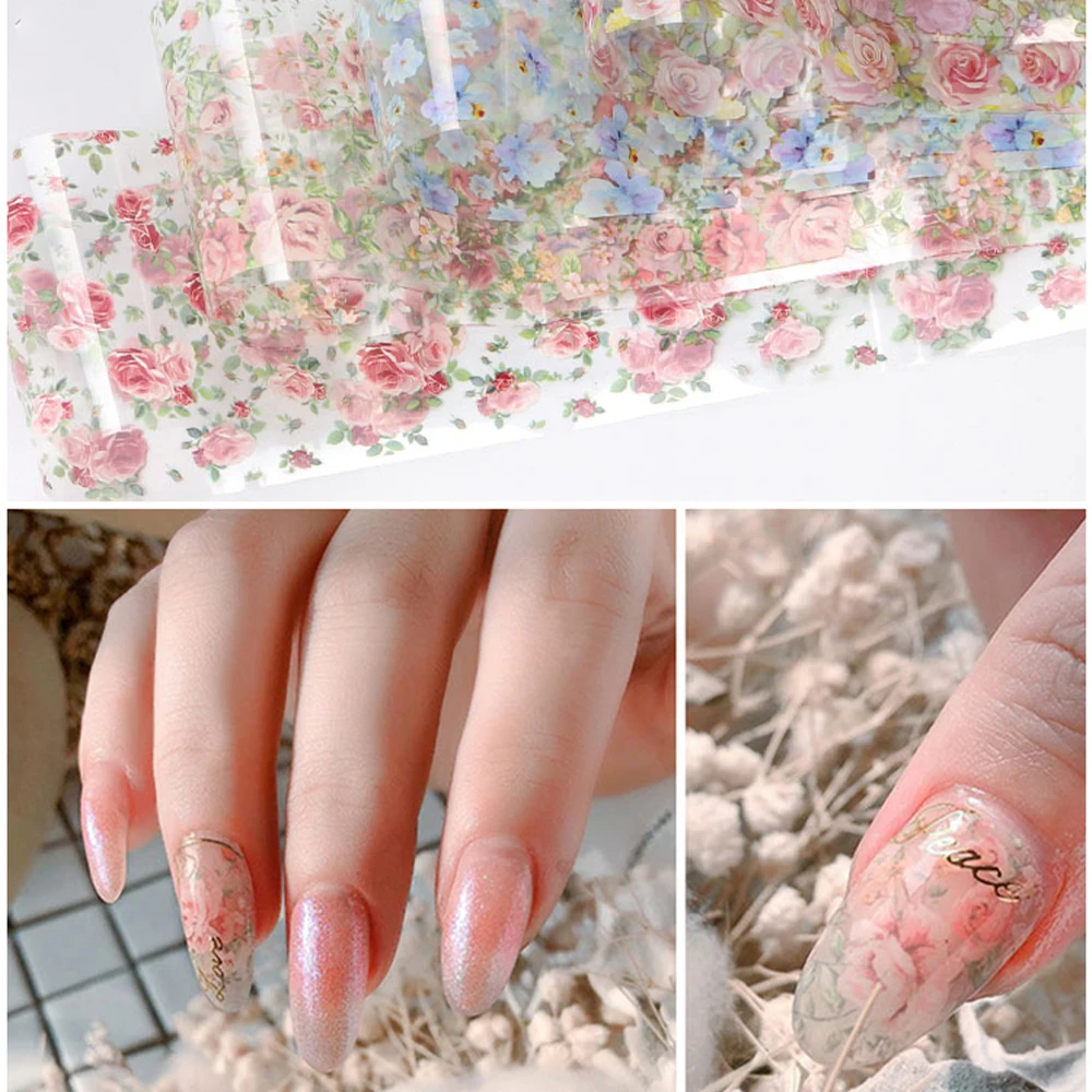 10Roll/Box Rose Flowers Designs Transfer Foil Sky Decals Transfer Foil Nails Sliders Holographic Flower Stickers Manicure Decor*