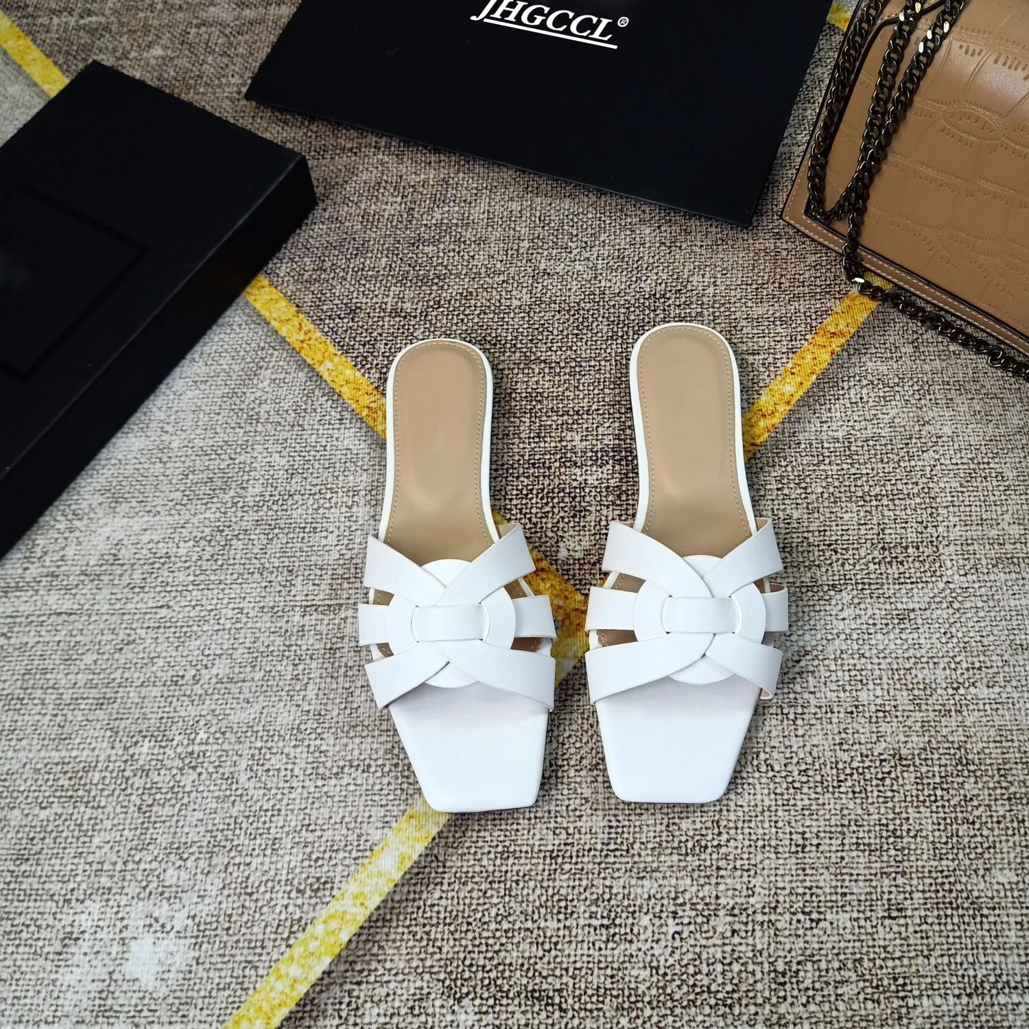 High end Women\'s Slippers Flat Shoes Trend Real Leather Female Slippers Woven High-heeled Thick Heels luxury sandalias de mujer