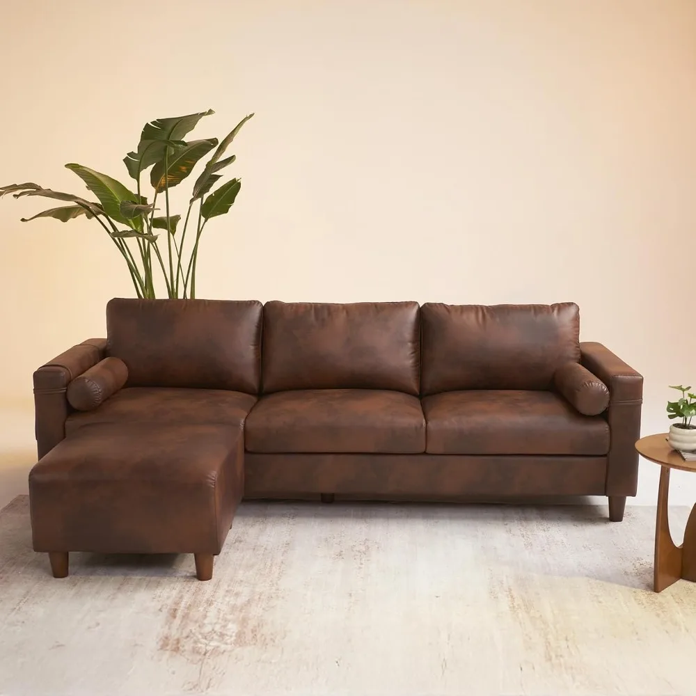 

100" L Shaped Faux Leather Couch with Movable Ottoman, 3 Seater PU Leather Sectional Sofa with Side Pocket, Mid, Customized