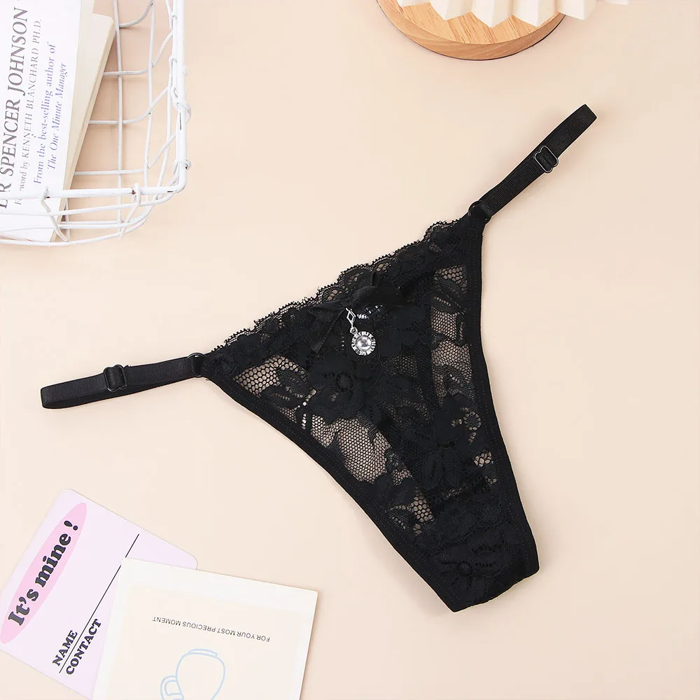 Low-waist Women Thong Transparent Seamless T-Back G String Cotton Crotch Pendant diamond Sexy Briefs Lace Panties