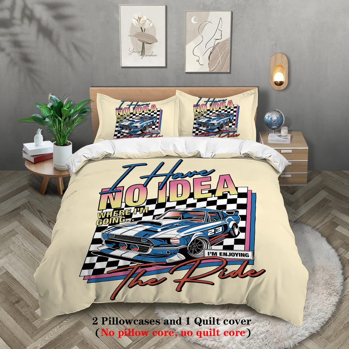 

Vintage Racing Theme Bedding Set - "I Have No Idea" Fashion Print Duvet Cover Pillowcase Combo