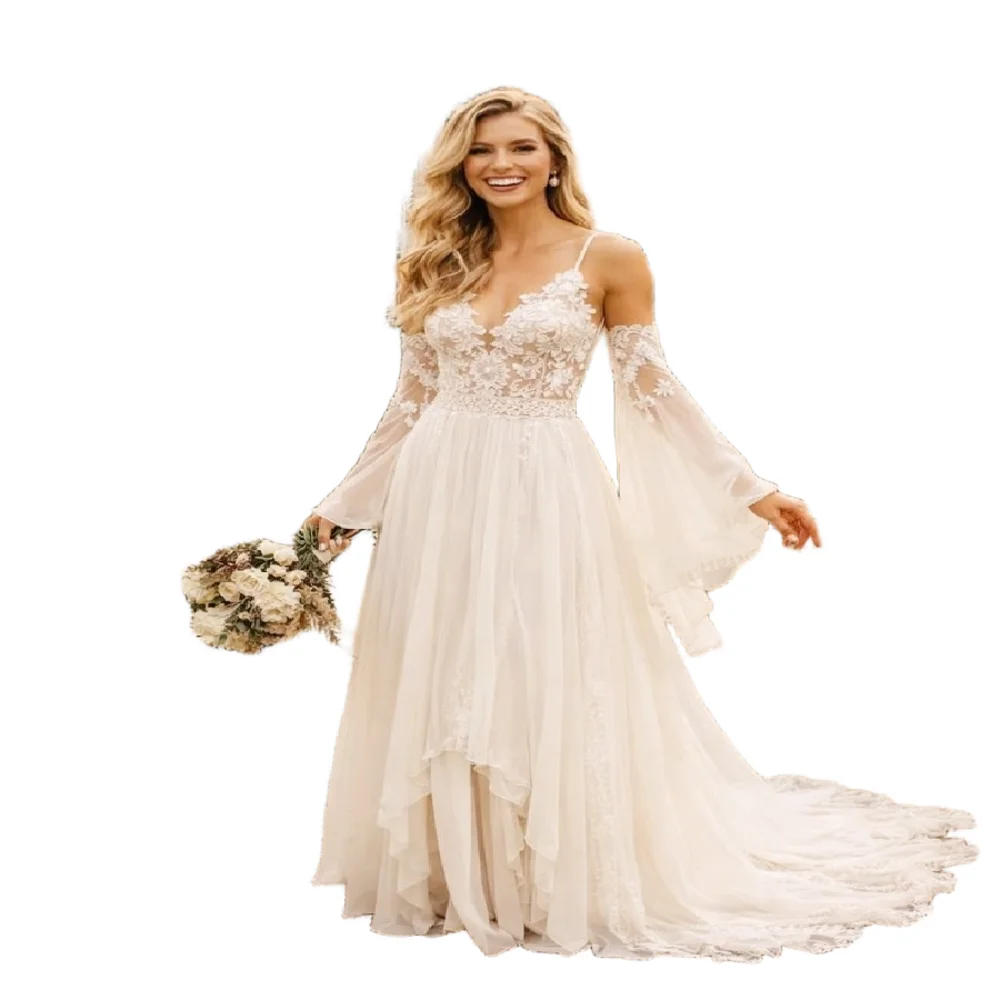 Enchanting Bohemian Wedding Dress With Flare Sleeves Rustic Country Appliques Lace Chiffon Beach Bridal Dresses