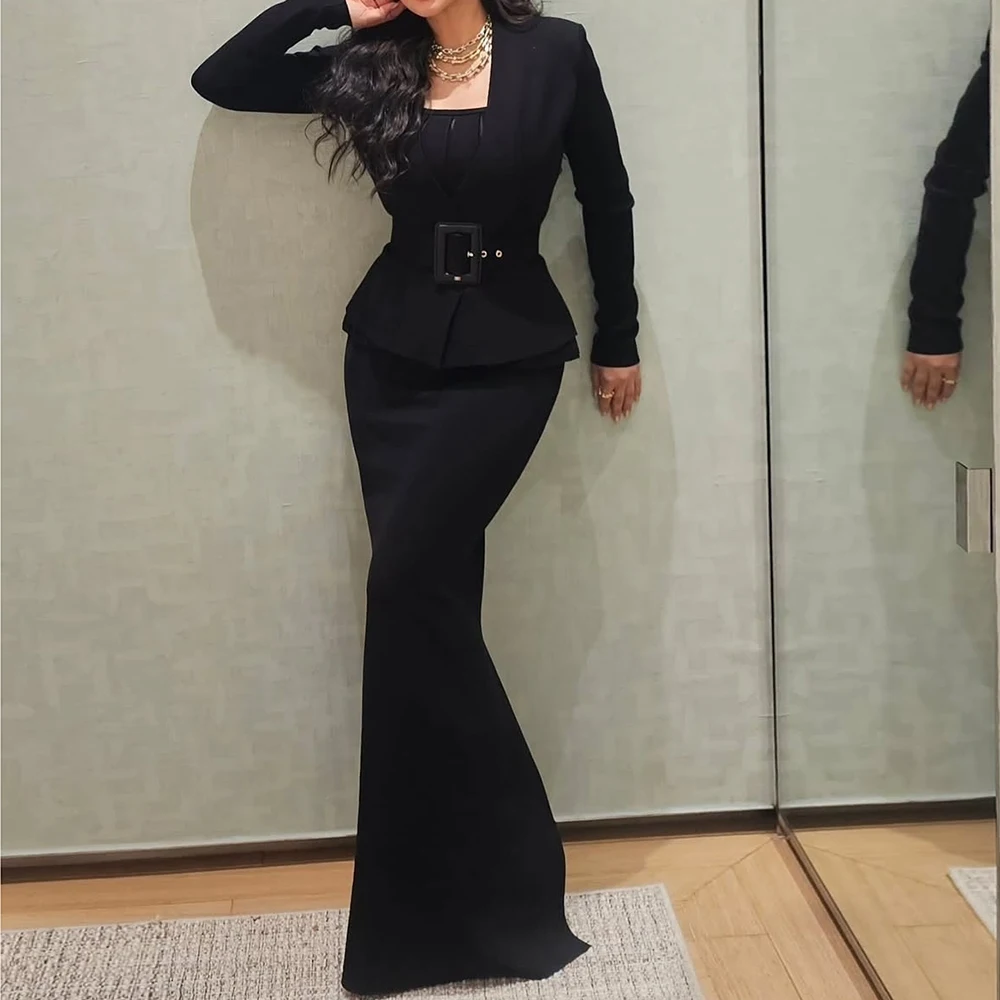 

Customized A-line Evening Dresses Floor-length Square Collar Full Sleeve Prom Gown Simple Fashion Sashes Draped Party Gown