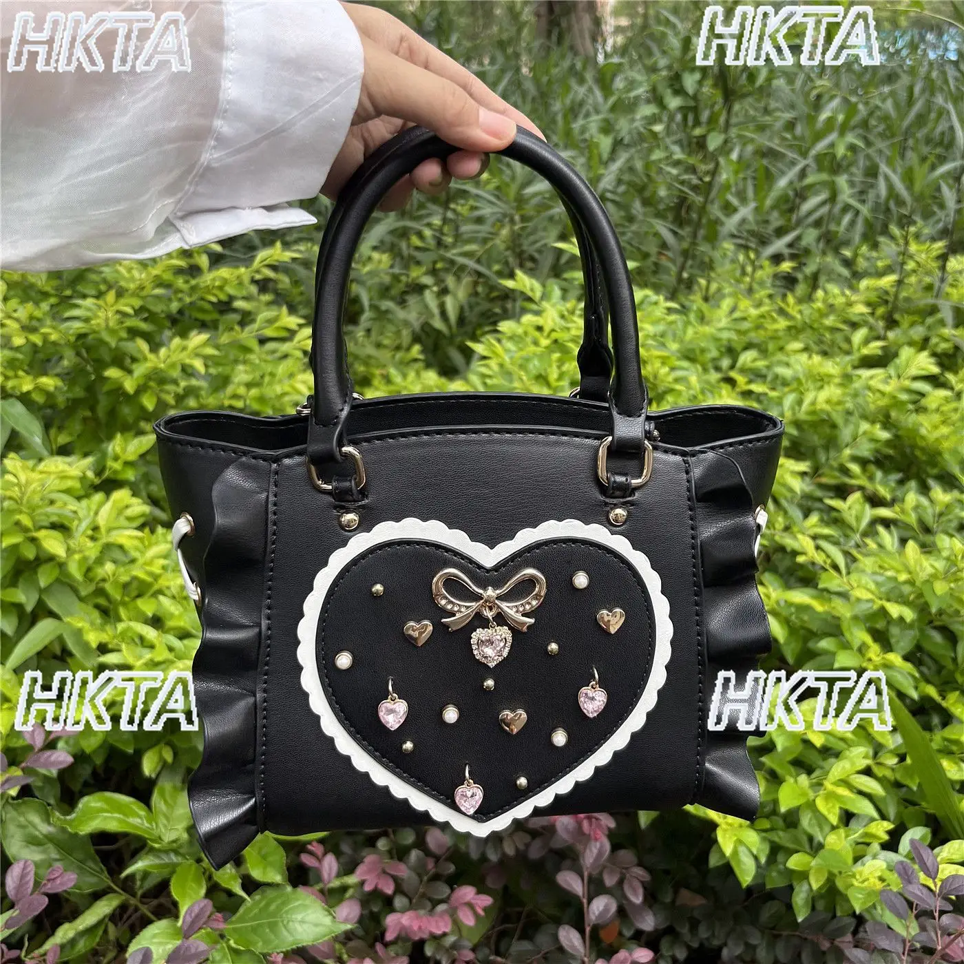 Japanese Fashion Sweet Tote Bag Lolita Cute Bow Rhinestone Pleated Pearl Zipper Temperament Messenger Bags Black Backpacks Women