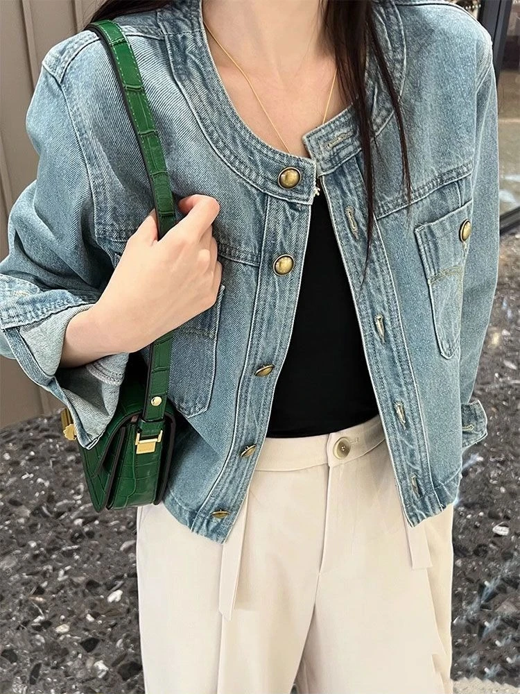 

Женский свободный короткий джинсовый пиджак SS FA 2025 года с круглым вырезом, высококачественная простая уникальная элегантная универсальная повседневная верхняя одежда