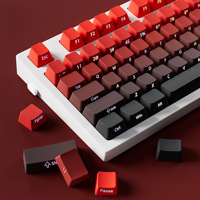 Teclas PBT retroiluminadas RGB con estampado lateral rojo degradado, 135 teclas, teclas de doble disparo, perfil de cereza para interruptores MX, Teclado mecánico