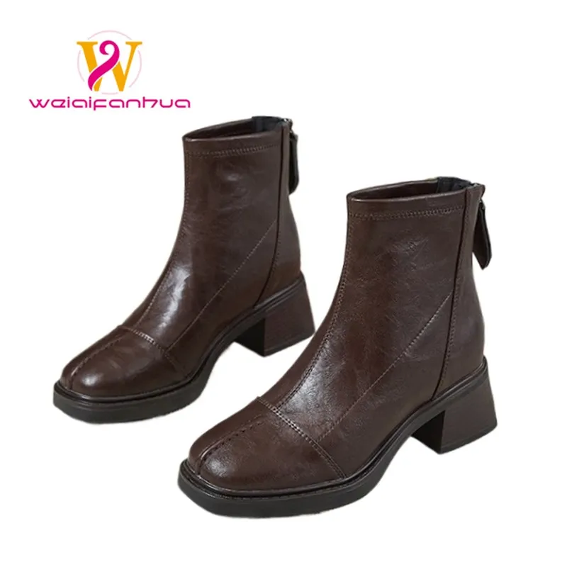 

Women's Boots 2025 Square-toed, Thick-heeled Short Boots, British Style Retro Fleece Fashion Boots for Women Ankle Boots