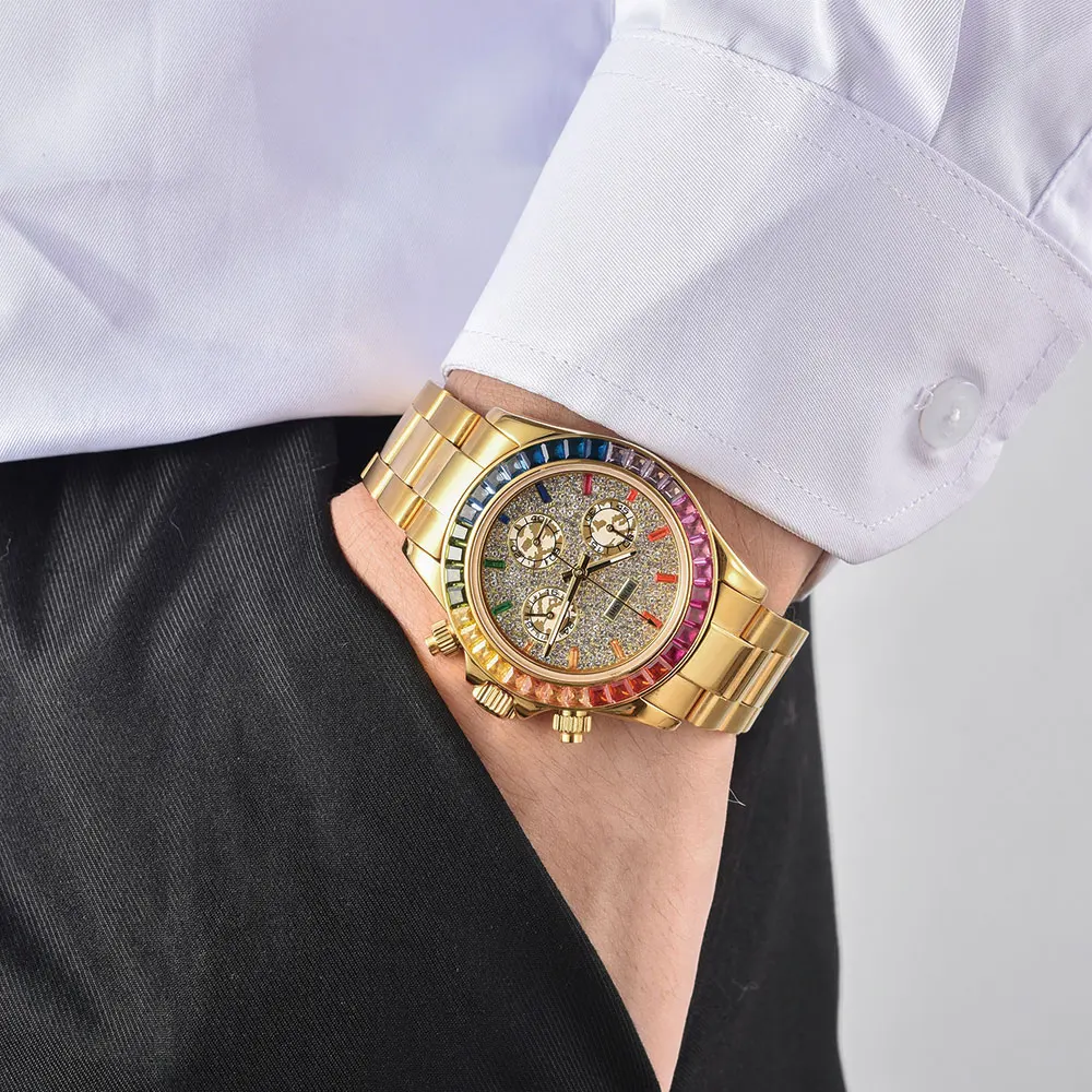 39.5mm luxury men's watch VK63 movement all-diamond dial luminous hands gold watch men's custom watch