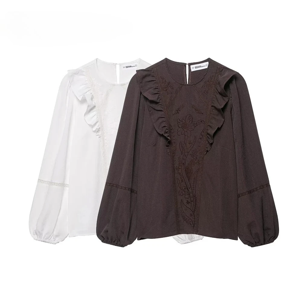 

KONDALA Chic Elegant Embroidery Tiered Brown Woman Blouse Casual Fashion 2025 Autumn Vintage Pleated Shirt Teacher Female Shirt