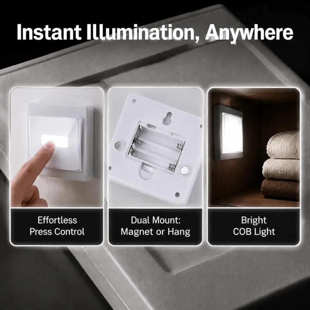 4 Pack Stick Anywhere Battery Operated LED Night Light Press Type Switch White Light Stick On Lamp COB ABS Closet Light Hallway