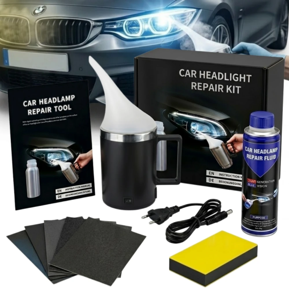 Image of Auto-Scheinwerfer-Restaurierungsset Zerstäuberbecher 200ml Polierflüssigkeit DIY Auto-Scheinwerferlinsen-Reparaturwerkzeug mit Schleifpapier & Klebeband