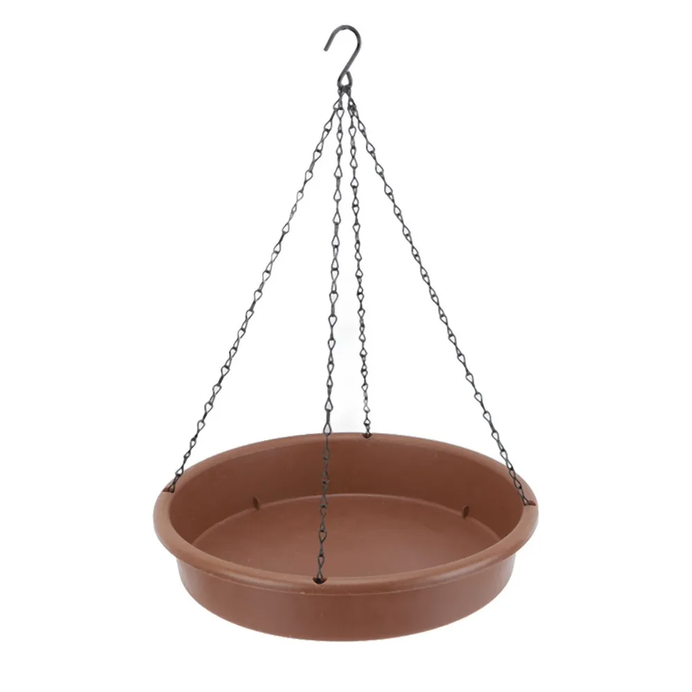 1 set of 2 Round Shape Hanging Bird Bath Iron Chain Wide Shallow Bowl Bird Bath Tray Plastic Rust Prevention Coating
