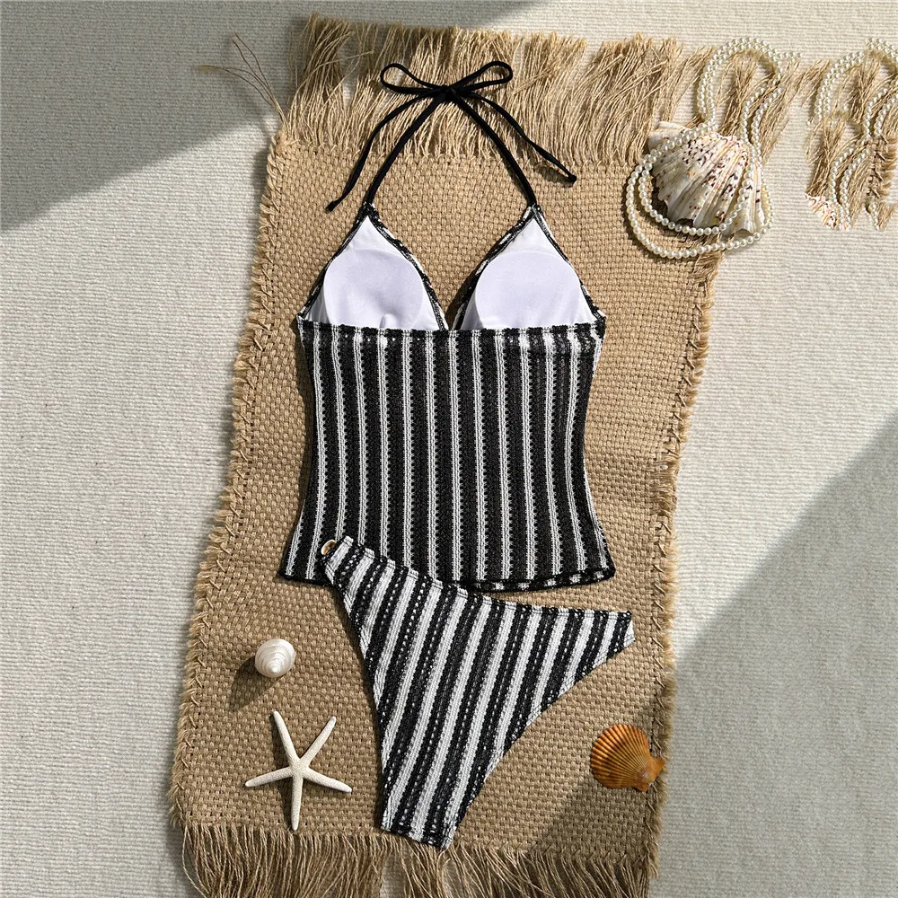 Black White Striped Crochet Swimwear String Halter Bikinis Sets Shell Ornament Sexy Swimsuit Women 2026 Brazilian Bikini Mujer
