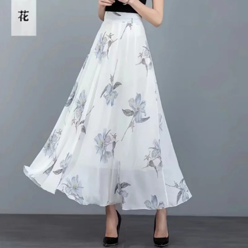 Summer Long Skirt for Dancing 2025 Printed Slimming Tulle Blue Floral Chiffon Midi Beach Skirts for Woman