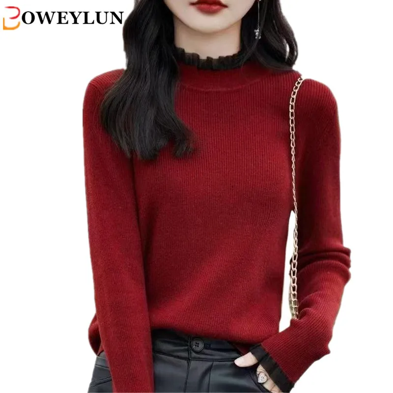 

BOWEYLUN New Half-high Neck Lace Knit Pullover Women's Autumn Casual Solid Color Bottoming Sweater Female