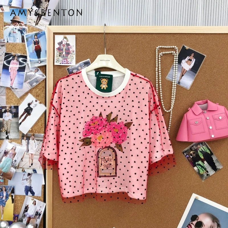 

Корейский стиль, ретро-шик, топы-футболки ручной работы с бисером, цветочным принтом, кружевными вставками, свободного кроя, с короткими рукавами, футболка-пуловер, одежда в стиле Y2K