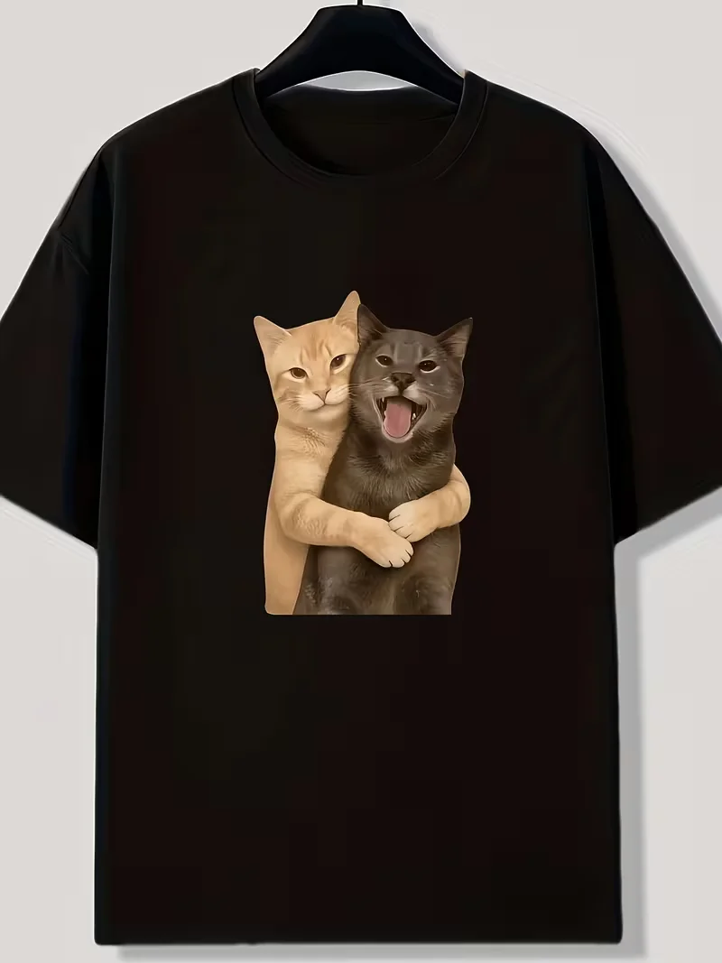 Vintage Casual Distressed Funny Hugging Cat Printed Top Retro Cute Cat Friends Graphic Short Sleeve Tee for Women Streetwear Tee
