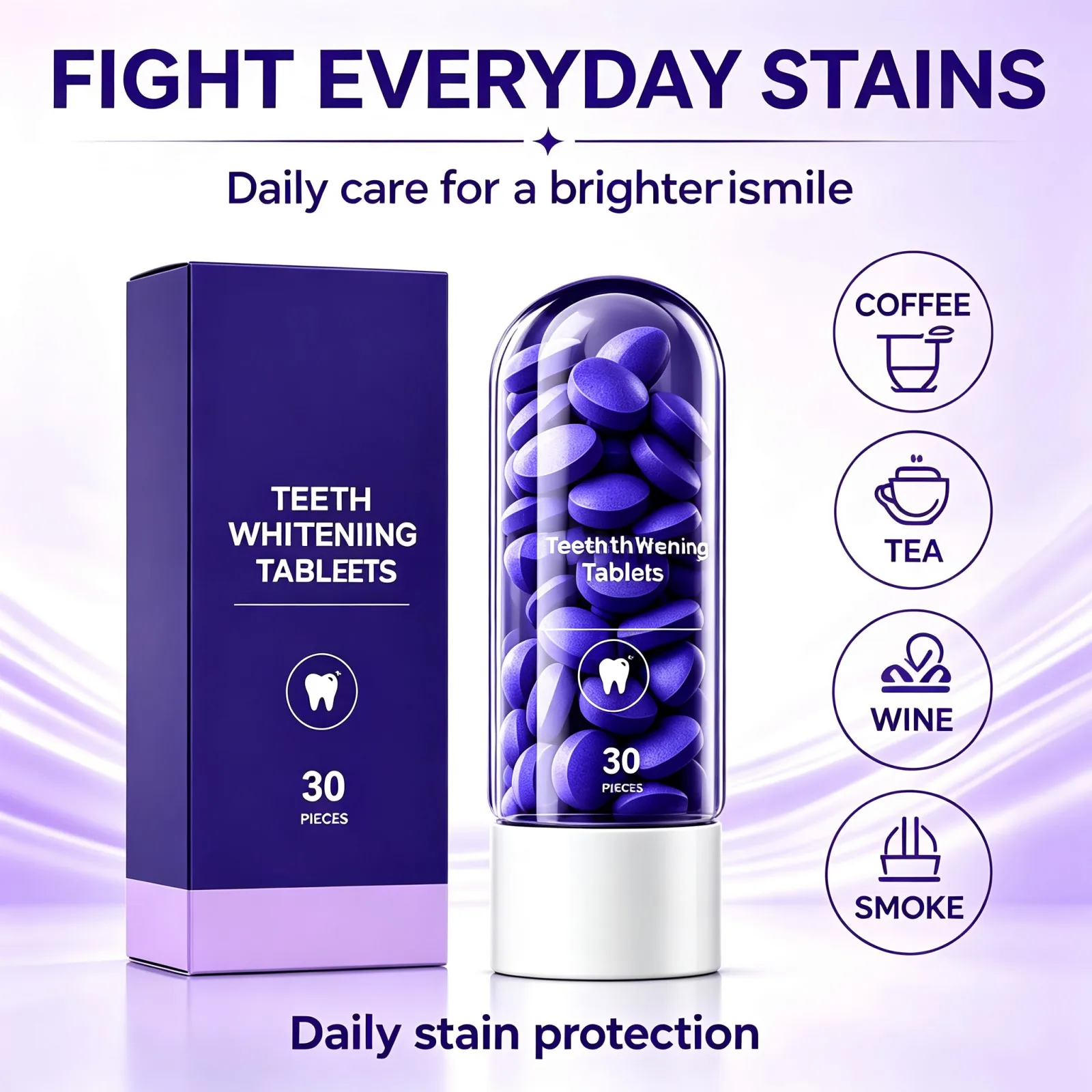 Portable Teeth Brightening Tablets 30 Count Mint Flavor Gentle Clean Brighten Look Fresh Breath No Liquid Travel Safe Oral Care