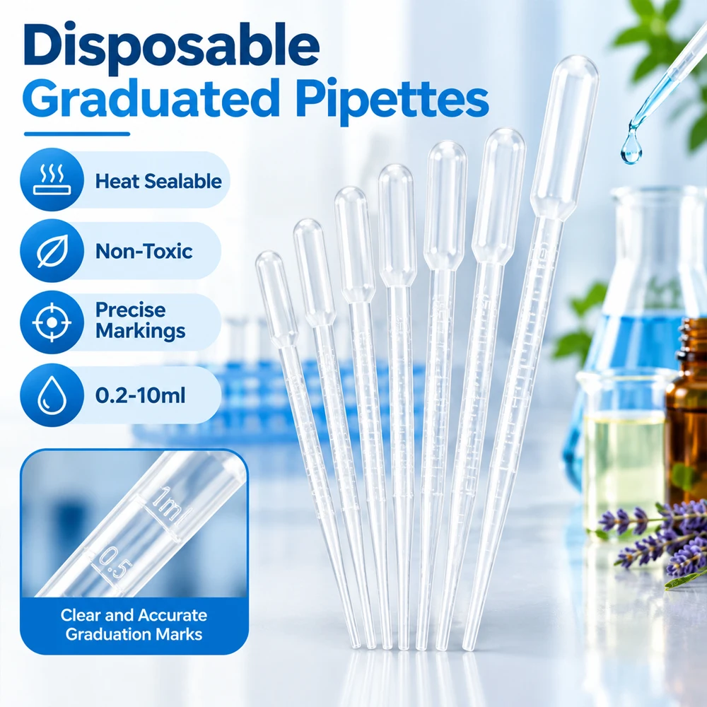 10-100PCS Dropper Transfer Pipettes 0.2-10ML, Disposable Plastic Graduated Calibrated Measuring Science Liquid Laboratory