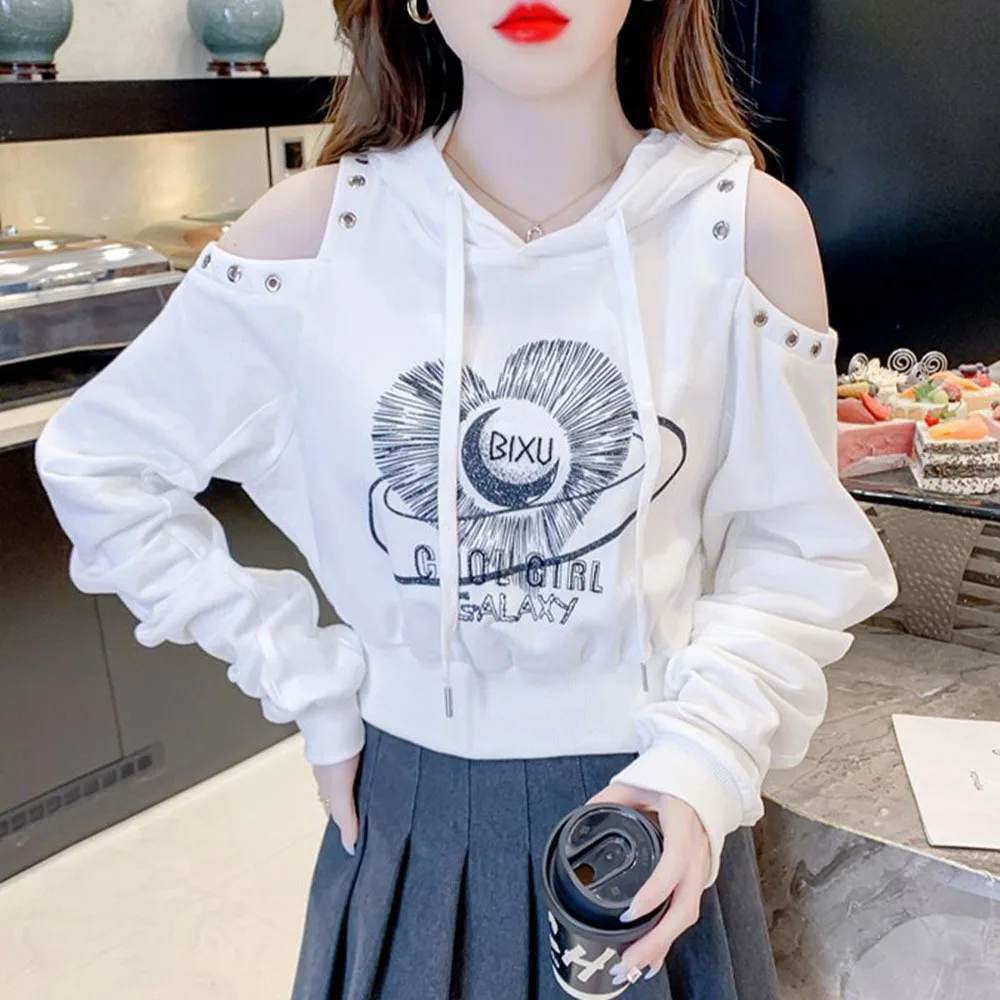 Autumn Fashion Hooded Ladies Clothes Sweatshirts Sexy Off Shoulder Casual Letter Print Women Tops White Hoodies Pullovers Female