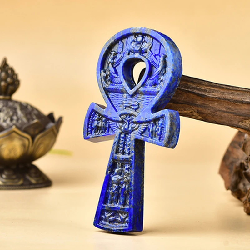 Blue Lapis Lazuli Gemstone Ancient Egyptian Ankh Hand Carved Quartz Crystal Cross Key of Life Natural Stone Crux Ansata Symbol