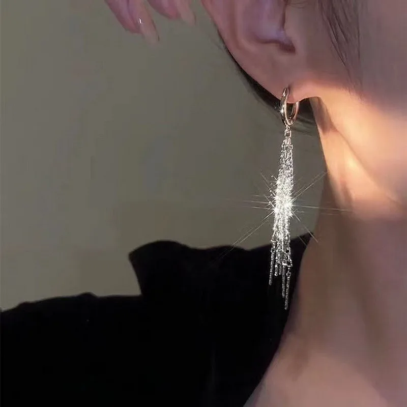 Glänzende lange Quasten-Glitzer-Tropfenohrringe für Damen, modische lange Kette, baumelnde Ohrringe, Hochzeit, Party, Schmuck, Geschenke – Detail 15