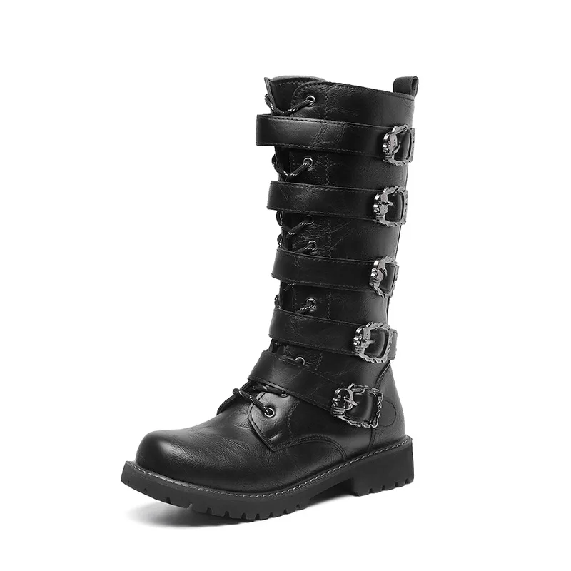 Men's Punk Gothic Biker Boots Tall Harness Buckle Side Zipper Riding Boots for Cosplay Costume Performance Comfortable Black image 5