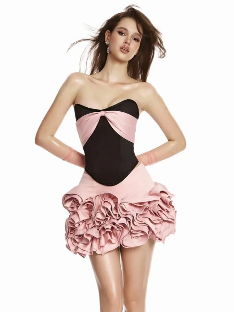 Women Flowers Skirt Two Piece Set Sexy Strapless Lace-up Color Block Crop Top + Mini Florals Skirt Suits Evening Cocktail Set