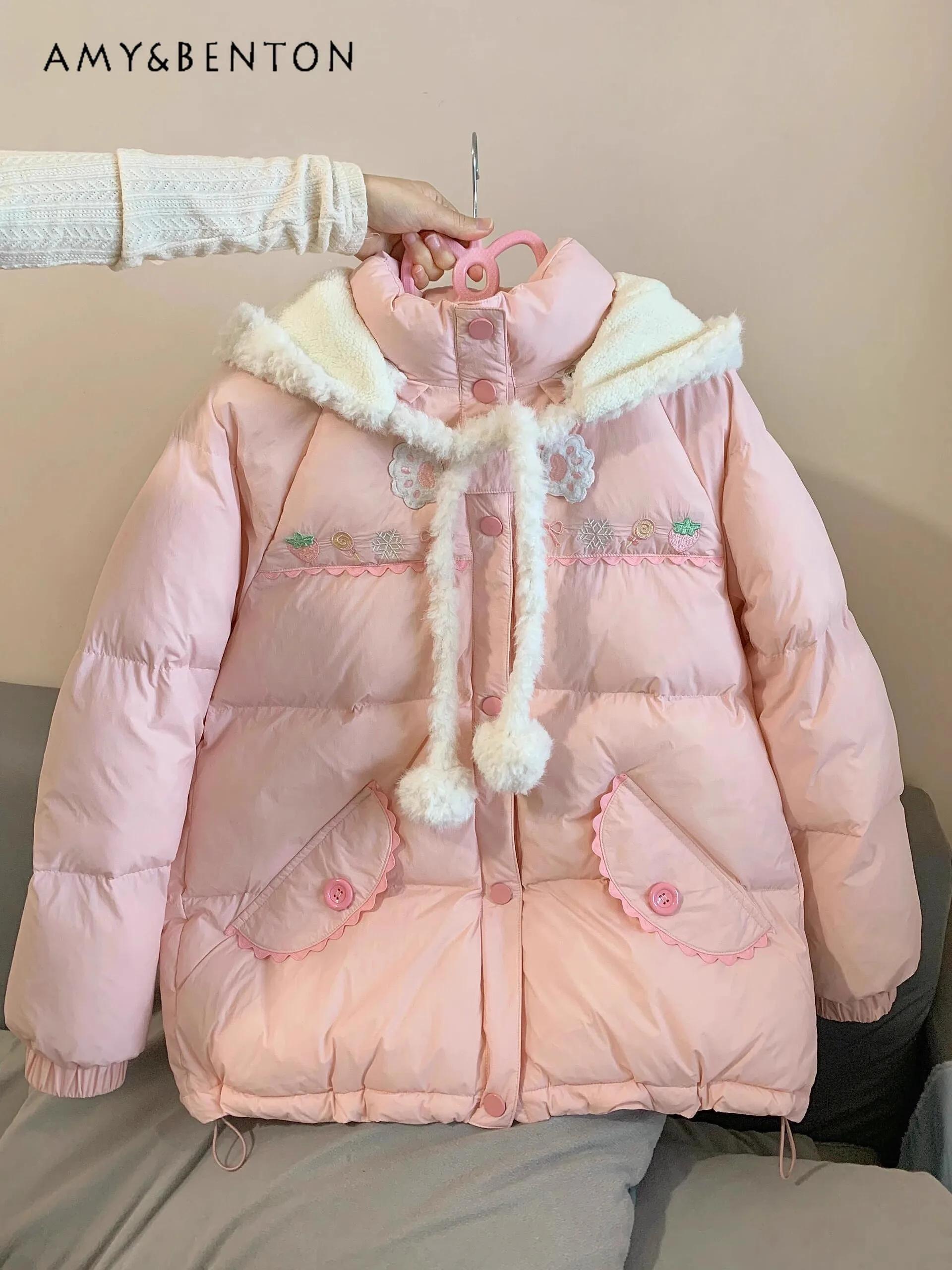 

Winter New Pink Hat Detachable Soft Hooded Cotton Jacket for Women Thickened Warm Sweet Loose Casual Cotton Coat