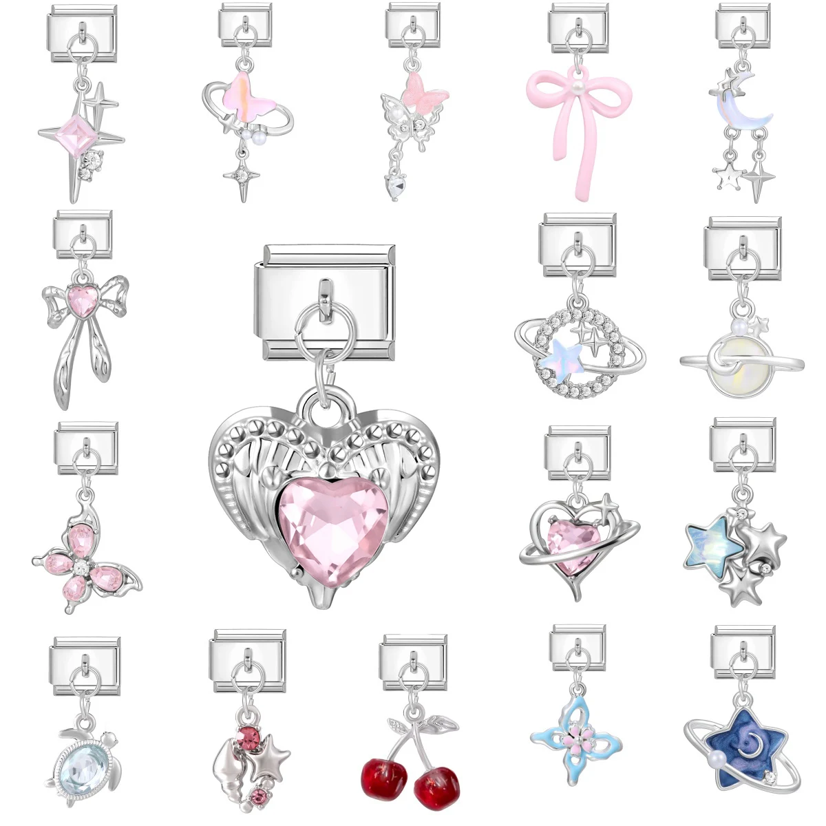 Neue Zirkon-Schmetterling-Stern-Herz-Schleife-Blumen-Italienische Charm-Anhänger passend für 9mm Edelstahl-Armbänder für Damen, DIY-Geschenke, Großhandel