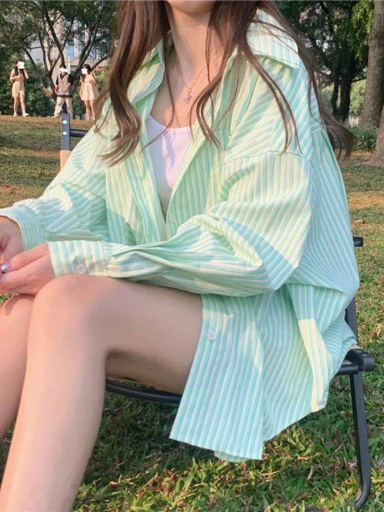 

Spring and Summer New Striped Shirt Korean Style Fashion Thin Sunscreen Shirts for Women Casual Loose Long Sleeved Shirt Jacket