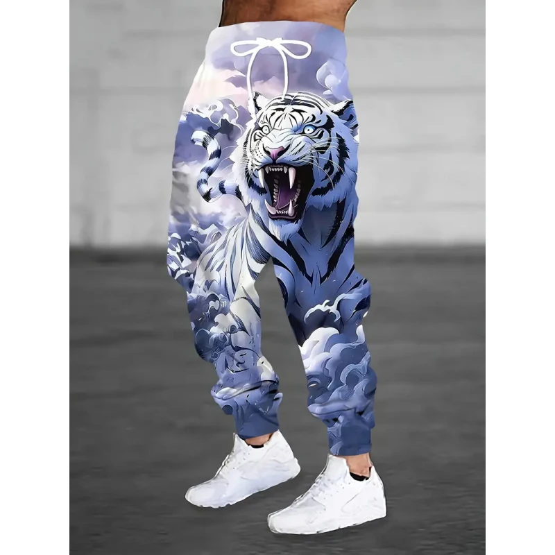 

Men's casual sports pants with leg ties, drawstring waist, white tiger 3D printing, winter warm and fashionable street pants