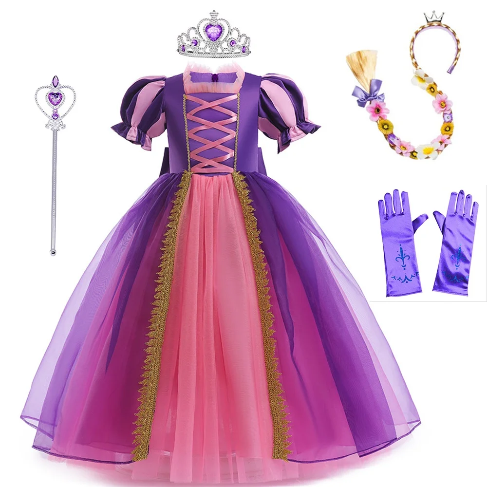 

Girl Princess Dresses Cosplay Costume Rapunzel for 3-12Years Girls Children Puff Sleeve Lace Patchwork Vestidos Dress Up Party