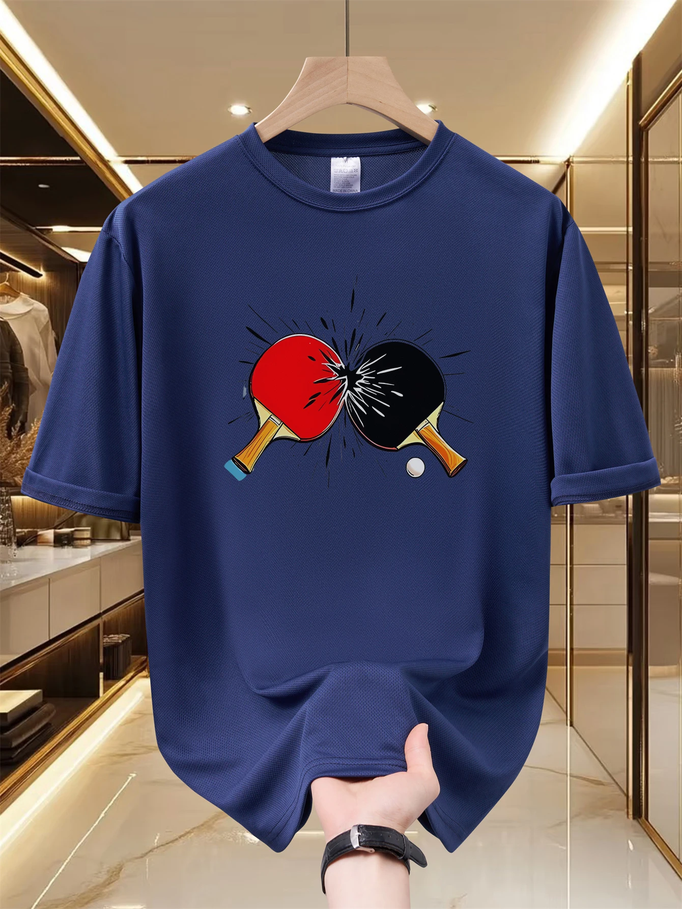 Breathable Mesh Men Crew Neck T Shirt, Cool Collide Ping Pong Paddle Print Tees, Quick Dry Sports Daily Casual Tops For Table Te