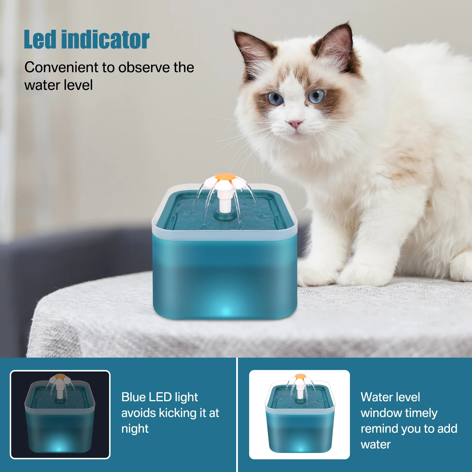 67oz/2L Ultra Silent Pet Fountain with LED Lighting&Activated Carbon Auto Filter Water Dispenser Mute Drinker for Cats Small Dog