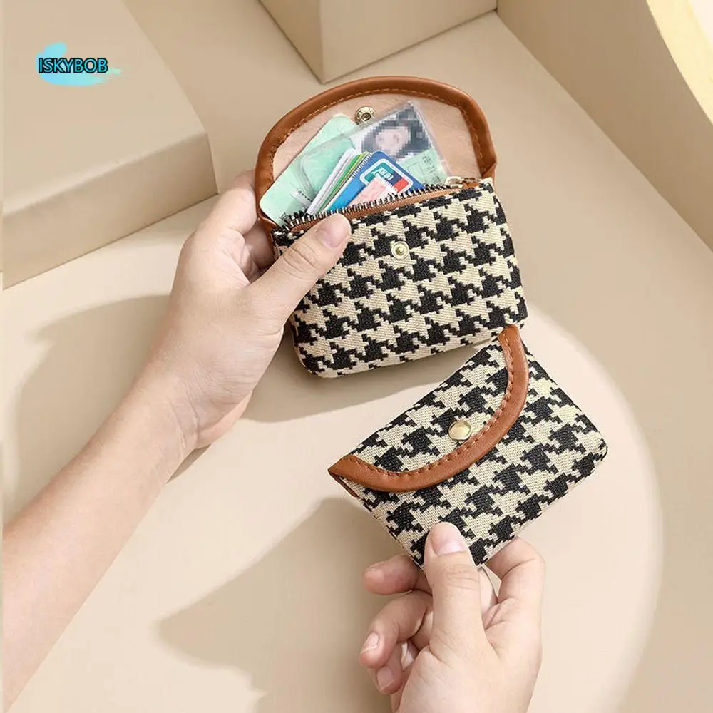 

PU Leather Plaid Canvas Short Coin Purse Double Layer Stripe Square Makeup Bag Korean Style Card Holder Mini Lipstick Bag